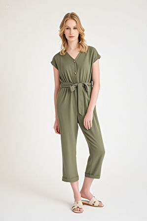 Keten Kadın V Yaka Tek Sıra Düğmeli Kolsuz Tulum