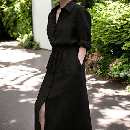 Keten Günlük Rahat Beli Bağcık Detaylı Uzun Kol Elbise