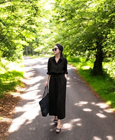 Keten Günlük Rahat Beli Bağcık Detaylı Uzun Kol Elbise