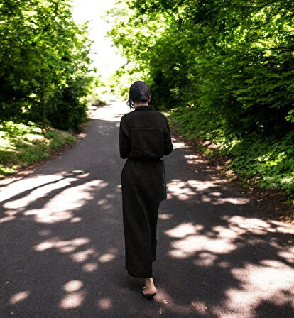 Keten Günlük Rahat Beli Bağcık Detaylı Uzun Kol Elbise