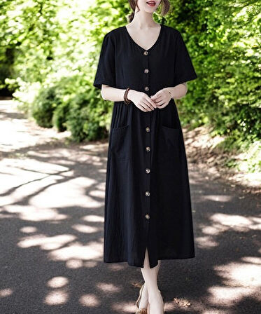 Keten Günlük Rahat V Yaka Beli Büzgü Detaylı Düğmeli Elbise