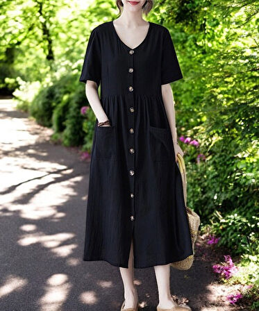 Keten Günlük Rahat V Yaka Beli Büzgü Detaylı Düğmeli Elbise