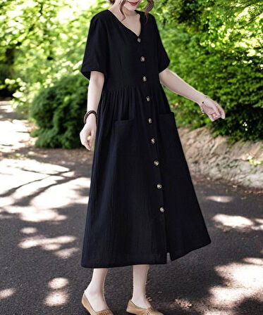 Keten Günlük Rahat V Yaka Beli Büzgü Detaylı Düğmeli Elbise