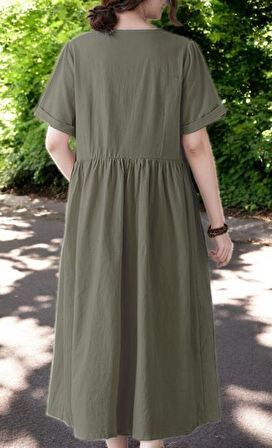 Tasarım Keten Günlük Rahat V Yaka Beli Büzgü Detaylı Düğmeli Elbise