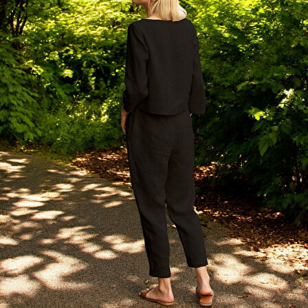 Keten Rahat Beli Kemer Detaylı Kadın İkili Takım Alt Üst