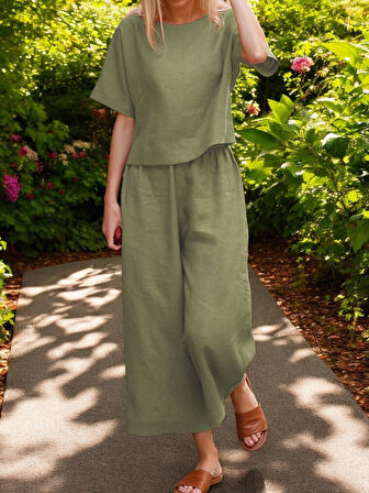 İkili Takım Alt Üst Keten Günlük Rahat Beli Lastikli Kadın