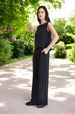 Keten Günlük Kolsuz Şık Rahat Alt Üst Kadın Takım