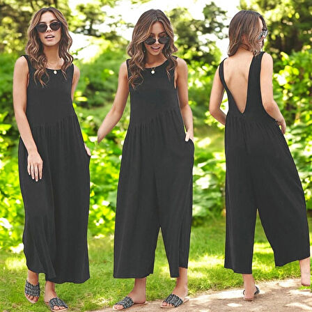 Keten Yazlık Günlük Sırt Dekolteli Salaş Kadın Tulum