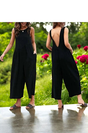 Keten Yazlık Günlük Sırt Dekolteli Salaş Kadın Tulum