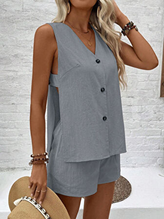 Keten Yazlık Kolsuz Bluz Şort İkili Takım