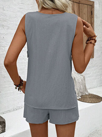 Bluz Şort İkili Takım Keten Yazlık Kolsuz