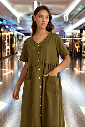 V Yaka Beli Büzgülü Keten Elbise