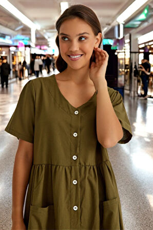 V Yaka Beli Büzgülü Keten Elbise