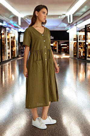 Beli Büzgülü V Yaka Keten Elbise