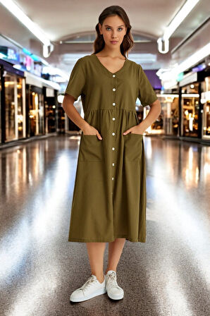 Beli Büzgülü V Yaka Keten Elbise