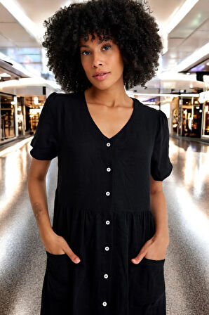 Beli Büzgülü V Yaka Keten Elbise