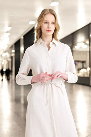 Beli Bağcıklı Günlük Rahat Keten Elbise