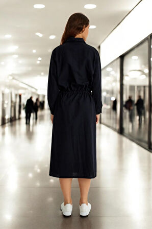 Günlük Beli Bağcıklı Rahat Keten Elbise