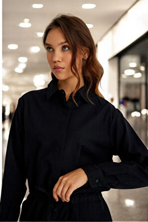 Günlük Beli Bağcıklı Rahat Keten Elbise