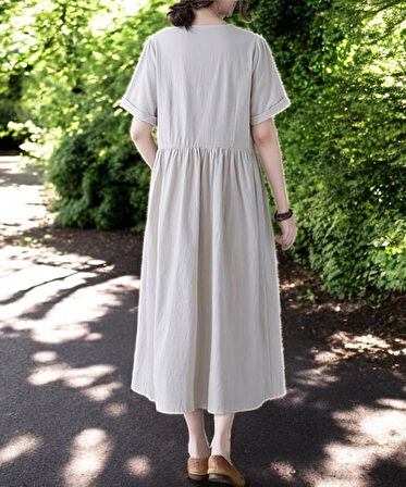 V Yaka Rahat Keten Elbise