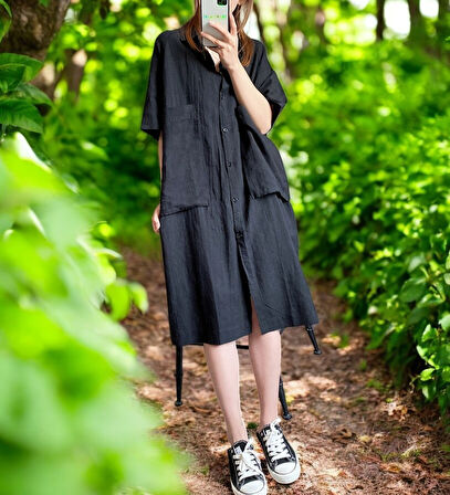 Yazlık Cep Detaylı Rahat Keten Elbise