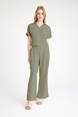 Keten Zarif Kadin T-shirt ve Uzun Pantolon Alt Üst İkili Takım V Yaka Kısa Kollu Salaş Rahat Haki Elbise