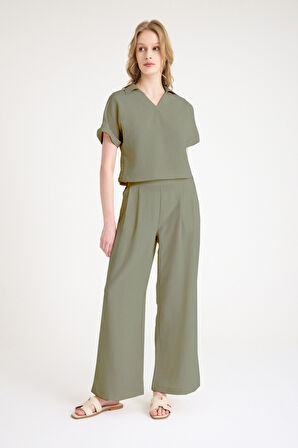 Keten Zarif Kadin T-shirt ve Uzun Pantolon Alt Üst İkili Takım V Yaka Kısa Kollu Salaş Rahat Haki Elbise