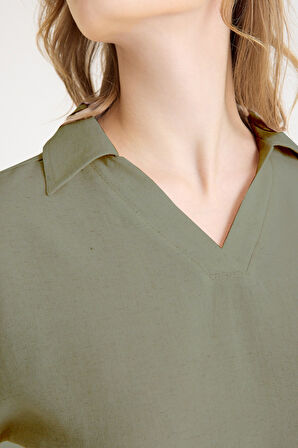 Keten Zarif Kadin T-shirt ve Uzun Pantolon Alt Üst İkili Takım V Yaka Kısa Kollu Salaş Rahat Haki Elbise