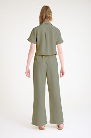 Keten Zarif Kadin T-shirt ve Uzun Pantolon Alt Üst İkili Takım V Yaka Kısa Kollu Salaş Rahat Haki Elbise