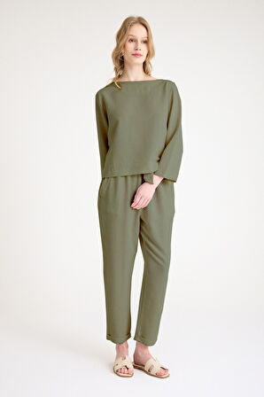 Keten Günlük Rahat Beli Kemerli Kadın İkili Takım Haki Alt Üst