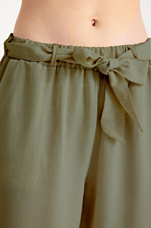 Keten Günlük Rahat Beli Kemerli Kadın İkili Takım Haki Alt Üst