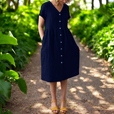 Yazlık Kısa Kol V Yaka Keten Elbise