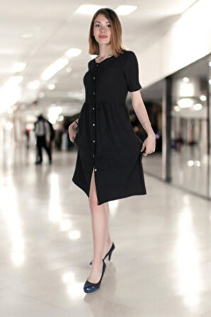 Yazlık V Yaka Kısa Kol Büzgü Detaylı Keten Elbise