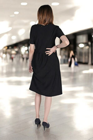 Yazlık V Yaka Kısa Kol Büzgü Detaylı Keten Elbise