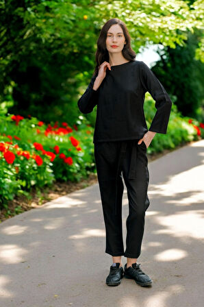 Yazlık Beli Kemerli Alt Üst Şık Keten Takım