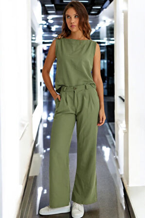 Yazlık Kolsuz Alt Üst Keten Takım