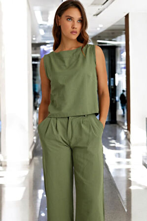 Yazlık Kolsuz Alt Üst Keten Takım