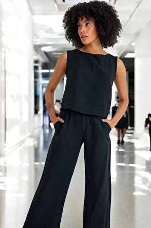 Yazlık Rahat Alt Üst Kolsuz İkili Keten Takım