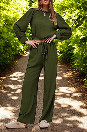 Yazlık Yüksek Bel Balon Kol Rahat Keten Takım