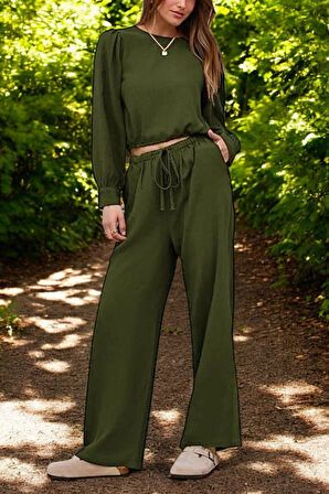 Yazlık Yüksek Bel Balon Kol Rahat Keten Takım