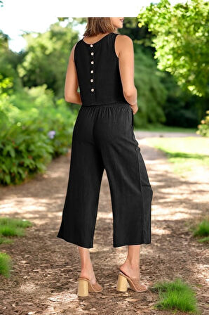 Yazlık Yüksek Bel Kapri Pantolon Kolsuz Bluz Keten Takım