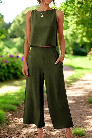 Yazlık Sırt Detaylı Keten Takım