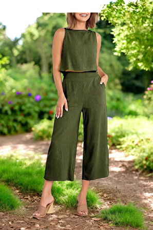 Yazlık Sırt Detaylı Keten Takım