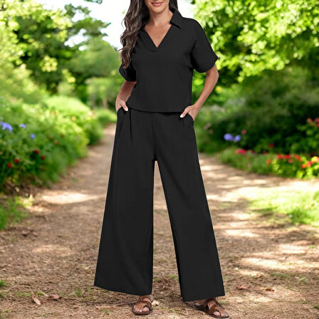 Yazlık Şık V Yaka Keten Takım