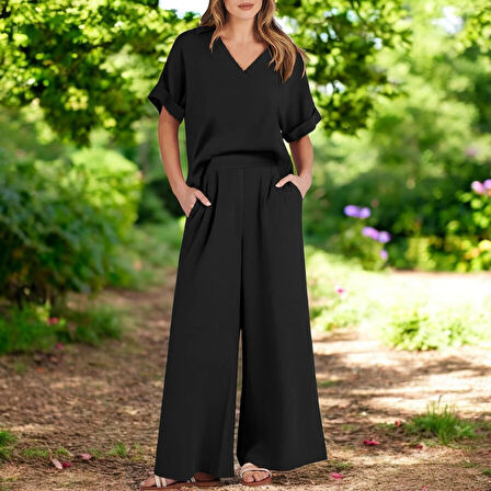 Yazlık Şık V Yaka Keten Takım