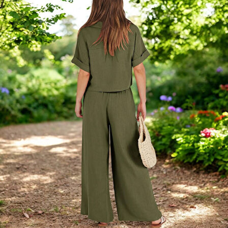 Yazlık Rahat V Yaka Keten Takım