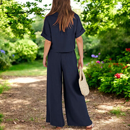 Yazlık V Yaka Rahat Keten Takım