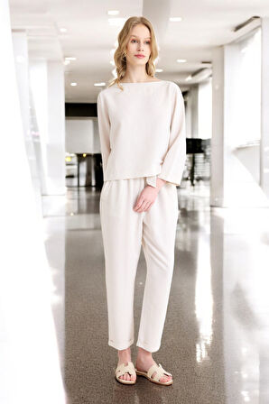 Yazlık Uzun Kol Bluz Pantolon İkili Keten Takım