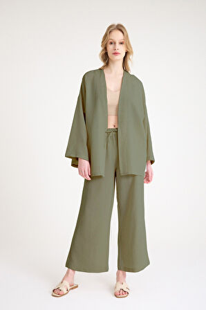 Keten Kadın Salaş Kimono İkili Haki Takım