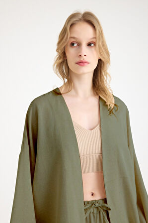 Keten Kadın Salaş Kimono İkili Haki Takım